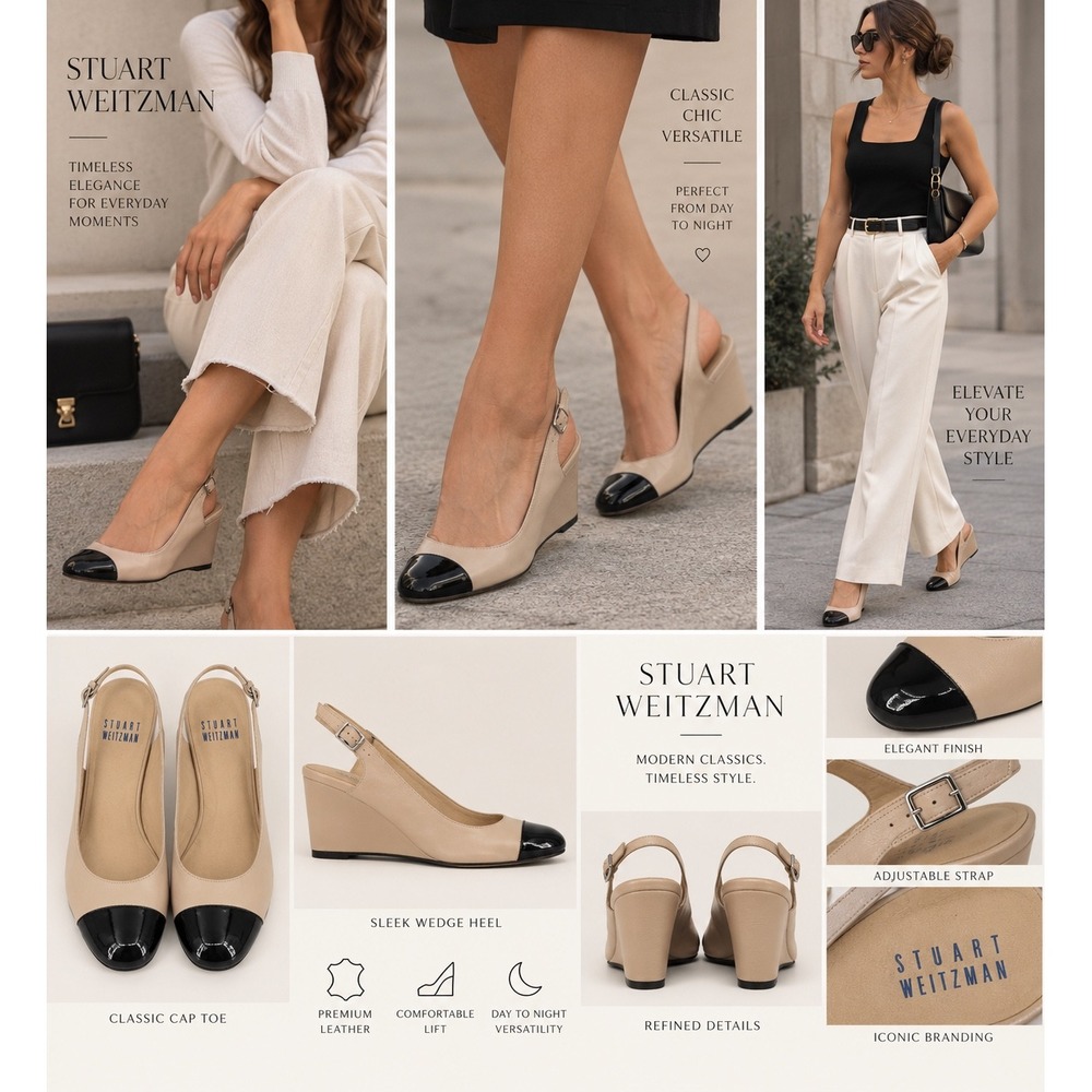 Stuart Weitzman A408323 Vintage Cap Toe Slingback Kitten Heel Nude Black Size 8
